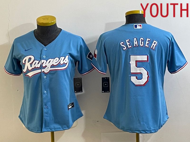 Youth Texas Rangers 5 Seager Light Blue Game Nike 2023 MLB Jersey style 1
